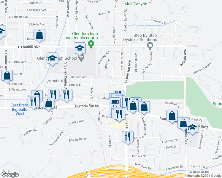 map of restaurants, bars, coffee shops, grocery stores, and more near 346 South Cimmeron Trail in Glendora