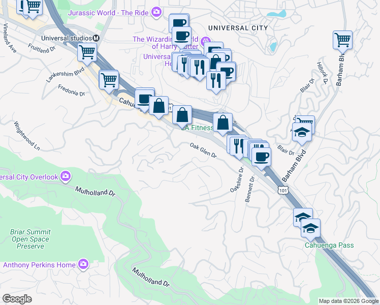 map of restaurants, bars, coffee shops, grocery stores, and more near 3419 Ione Drive in Los Angeles