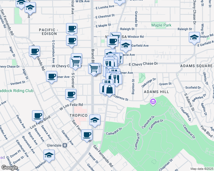 map of restaurants, bars, coffee shops, grocery stores, and more near 1239 South Glendale Avenue in Glendale