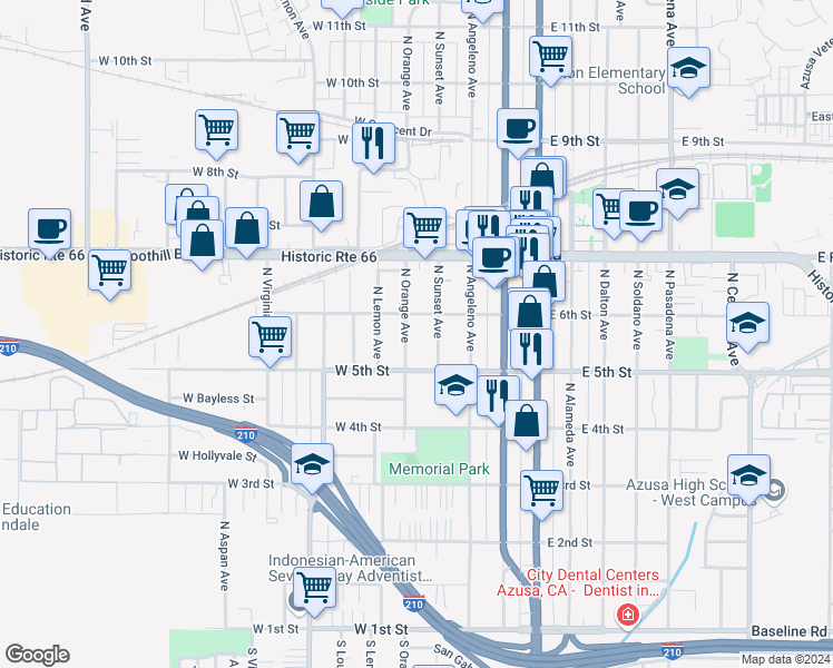 map of restaurants, bars, coffee shops, grocery stores, and more near 534 North Orange Avenue in Azusa