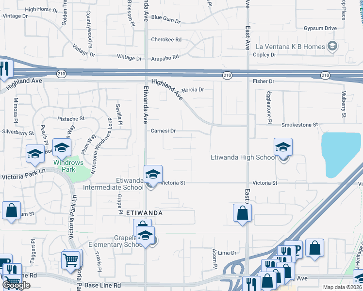 map of restaurants, bars, coffee shops, grocery stores, and more near 13040 Pinon Street in Rancho Cucamonga