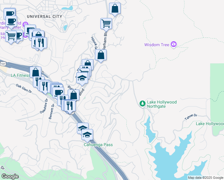 map of restaurants, bars, coffee shops, grocery stores, and more near 3141 Lake Hollywood Drive in Los Angeles