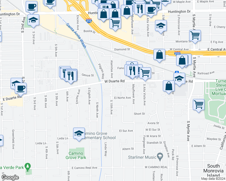 map of restaurants, bars, coffee shops, grocery stores, and more near 1830 10th Avenue in Monrovia