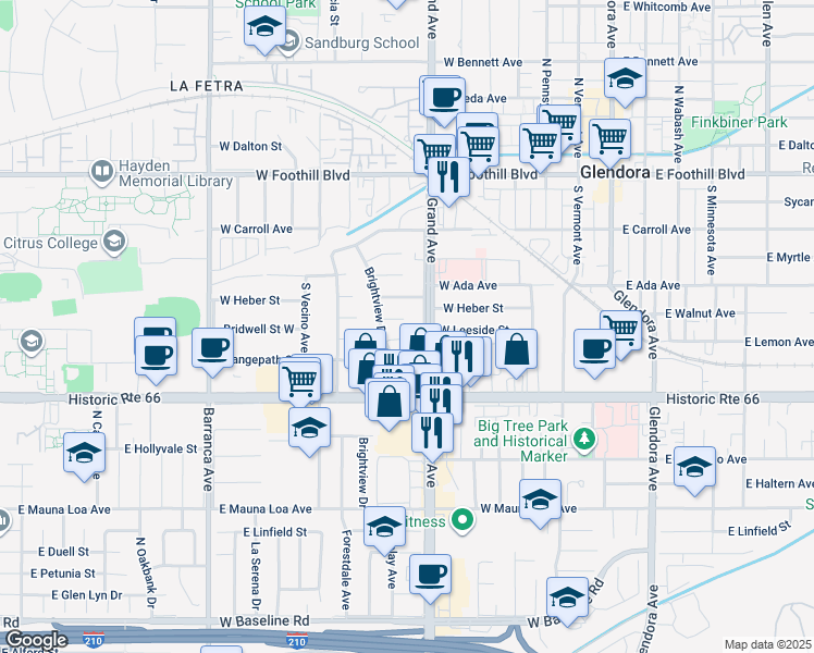 map of restaurants, bars, coffee shops, grocery stores, and more near 626 West Leeside Street in Glendora