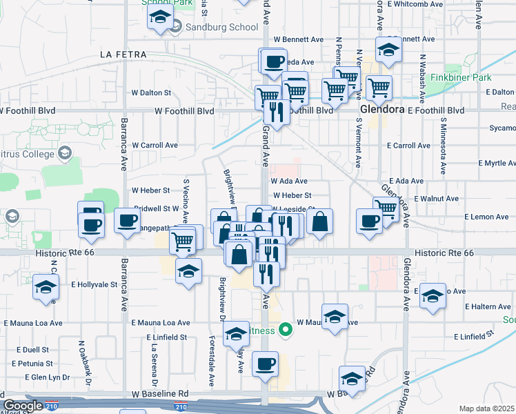 map of restaurants, bars, coffee shops, grocery stores, and more near 409 South Grand Avenue in Glendora