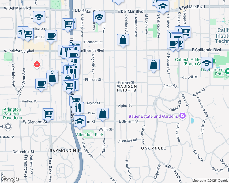 map of restaurants, bars, coffee shops, grocery stores, and more near 855 South Los Robles Avenue in Pasadena
