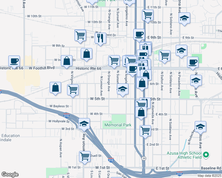 map of restaurants, bars, coffee shops, grocery stores, and more near 534 North Orange Avenue in Azusa