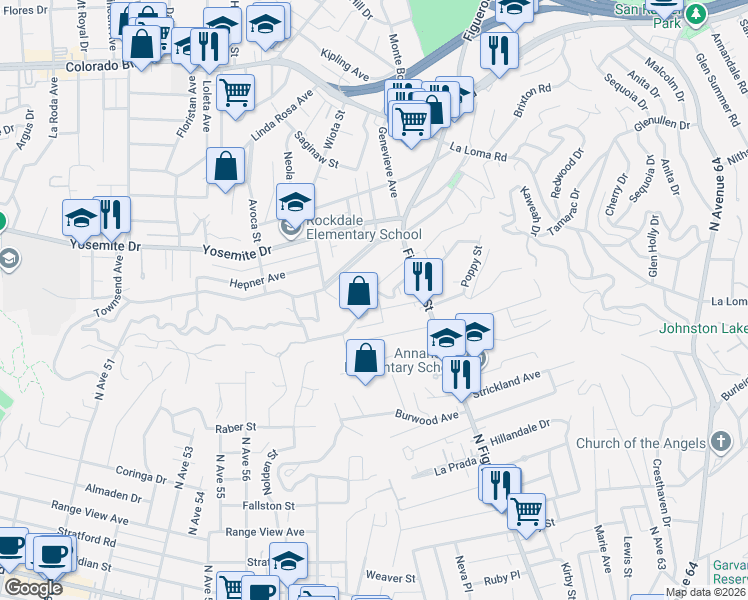 map of restaurants, bars, coffee shops, grocery stores, and more near 921 Crestwood Terrace in Los Angeles