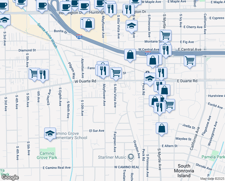 map of restaurants, bars, coffee shops, grocery stores, and more near 1839 South Alta Vista Avenue in Monrovia