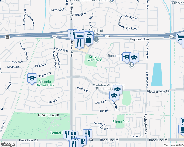 map of restaurants, bars, coffee shops, grocery stores, and more near 11450 Lomello Way in Rancho Cucamonga