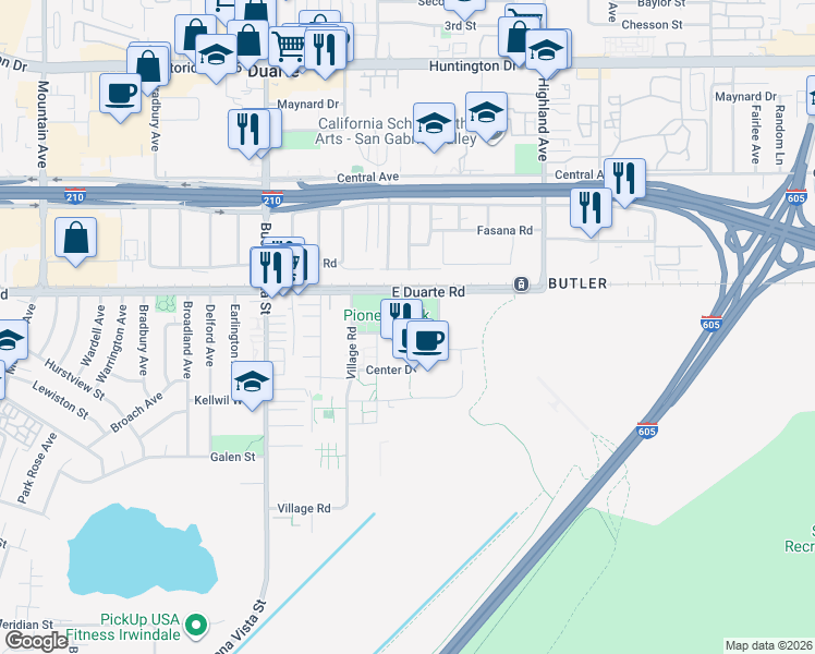 map of restaurants, bars, coffee shops, grocery stores, and more near 1500 East Duarte Road in Duarte