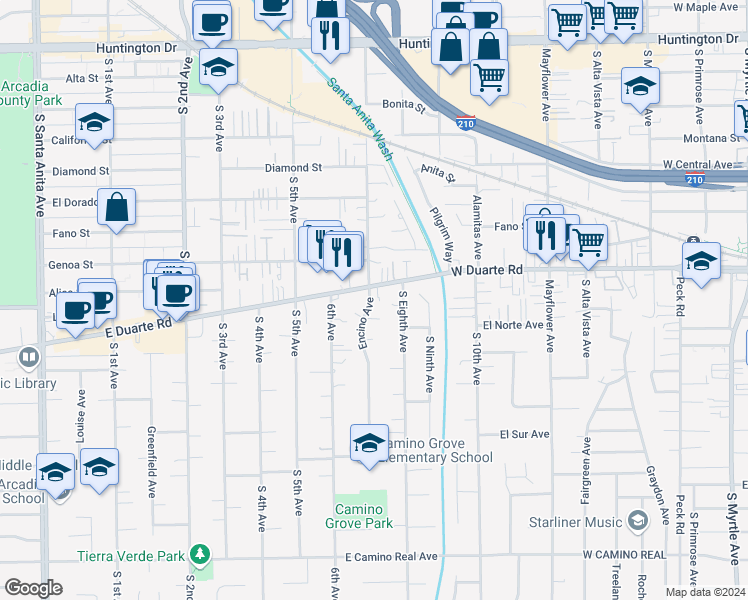 map of restaurants, bars, coffee shops, grocery stores, and more near 1830 Encino Avenue in Monrovia