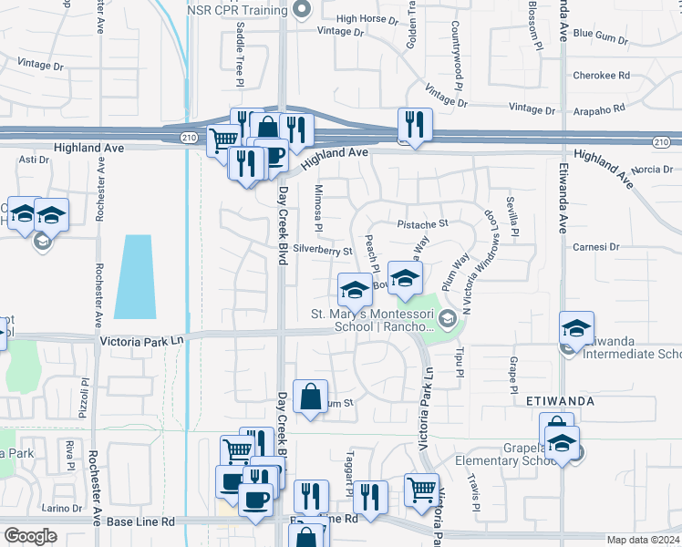 map of restaurants, bars, coffee shops, grocery stores, and more near 12320 Mint Court in Rancho Cucamonga
