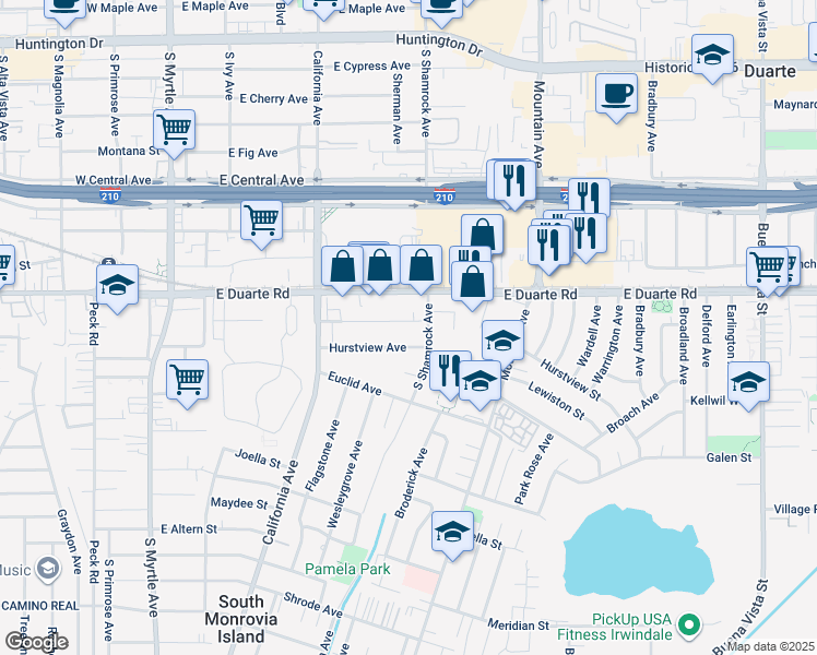 map of restaurants, bars, coffee shops, grocery stores, and more near 486 Monrovista Avenue in Monrovia