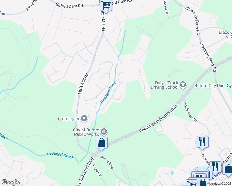 map of restaurants, bars, coffee shops, grocery stores, and more near 5521 Skylar Creek Lane Northeast in Buford