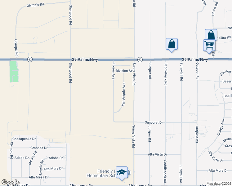 map of restaurants, bars, coffee shops, grocery stores, and more near 6715 Torres Avenue in Joshua Tree