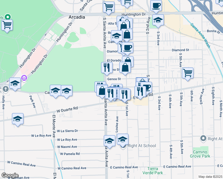 map of restaurants, bars, coffee shops, grocery stores, and more near 20 Alice Street in Arcadia