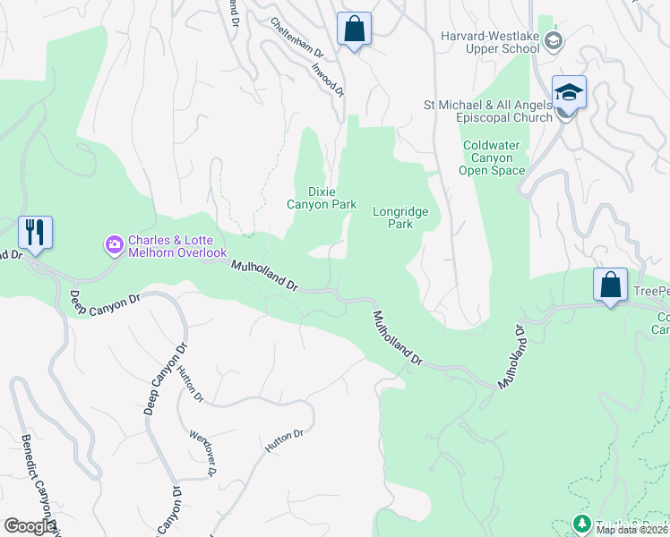 map of restaurants, bars, coffee shops, grocery stores, and more near 13319 Mulholland Drive in Beverly Hills