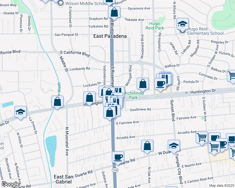 map of restaurants, bars, coffee shops, grocery stores, and more near 3705 Huntington Drive in Pasadena