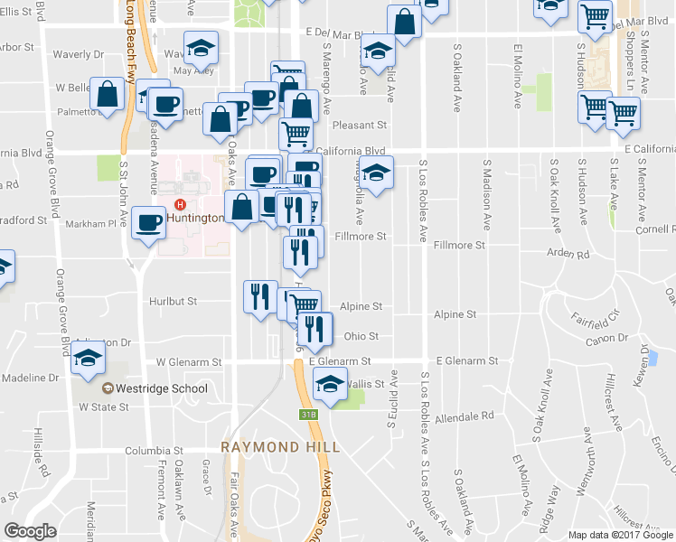 map of restaurants, bars, coffee shops, grocery stores, and more near 856 South Marengo Avenue in Pasadena