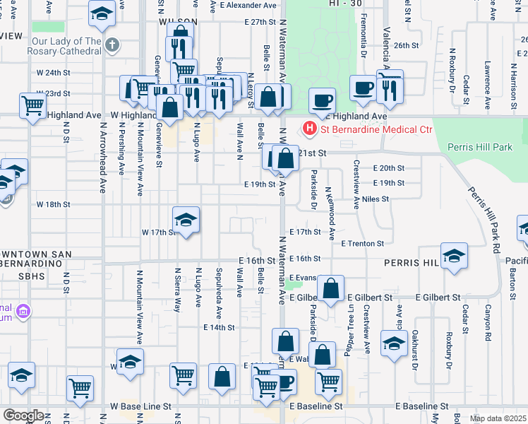 map of restaurants, bars, coffee shops, grocery stores, and more near 265 18th Street in San Bernardino