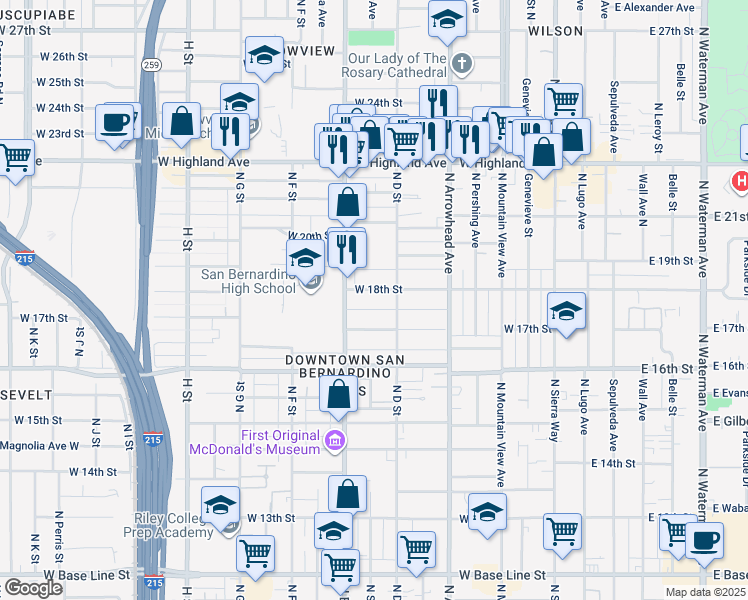 map of restaurants, bars, coffee shops, grocery stores, and more near 423 West 18th Street in San Bernardino