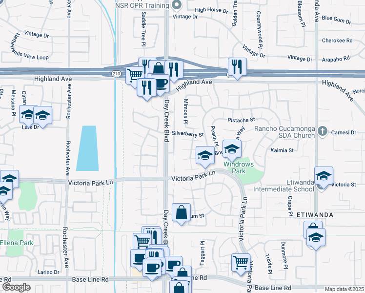 map of restaurants, bars, coffee shops, grocery stores, and more near 12254 Mint Court in Rancho Cucamonga