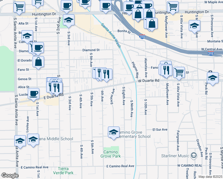 map of restaurants, bars, coffee shops, grocery stores, and more near 1830 Encino Avenue in Monrovia