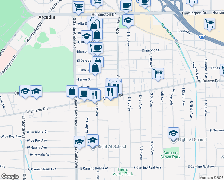 map of restaurants, bars, coffee shops, grocery stores, and more near 158A Alice Street in Arcadia