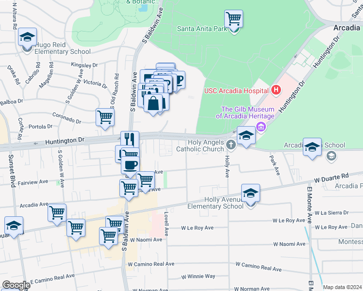 map of restaurants, bars, coffee shops, grocery stores, and more near 506 Huntington Drive in Arcadia