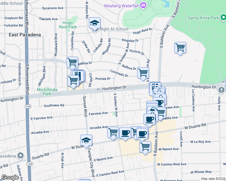 map of restaurants, bars, coffee shops, grocery stores, and more near in Arcadia