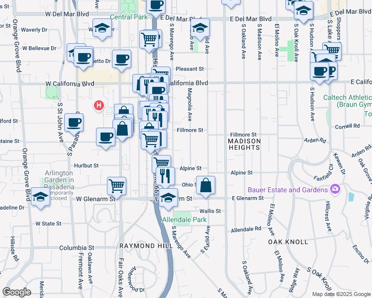 map of restaurants, bars, coffee shops, grocery stores, and more near 851 Magnolia Avenue in Pasadena
