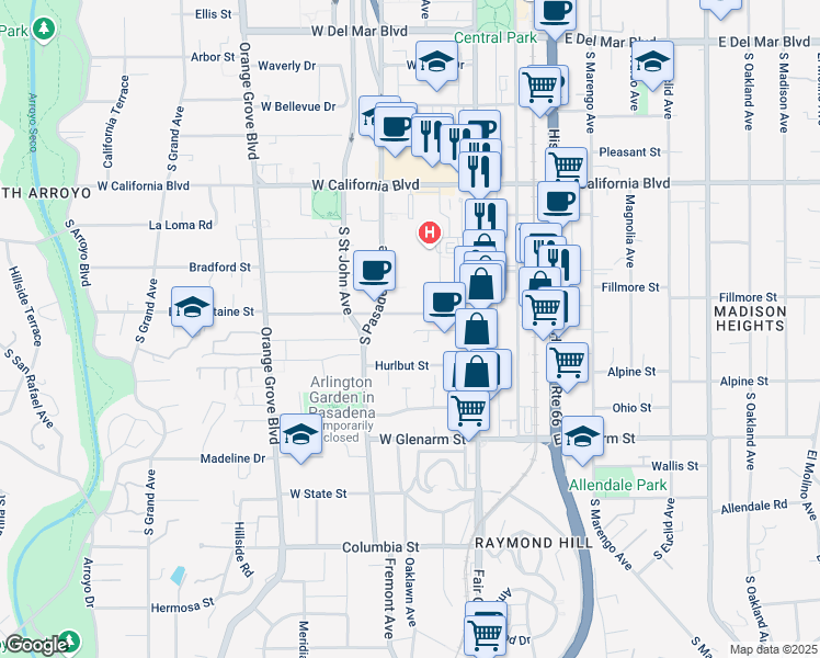 map of restaurants, bars, coffee shops, grocery stores, and more near 150 Bellefontaine Street in Pasadena