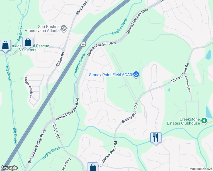 map of restaurants, bars, coffee shops, grocery stores, and more near 2520 Monet Drive in Cumming