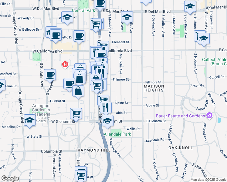 map of restaurants, bars, coffee shops, grocery stores, and more near 856 South Marengo Avenue in Pasadena