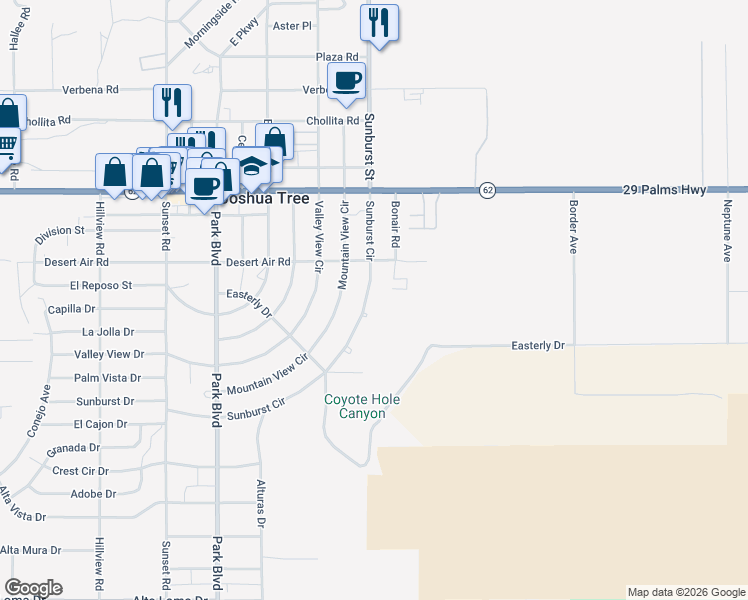 map of restaurants, bars, coffee shops, grocery stores, and more near 61981 Sunburst Circle in Joshua Tree