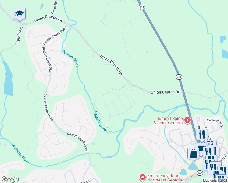 map of restaurants, bars, coffee shops, grocery stores, and more near 5824 Union Church Road in Braselton