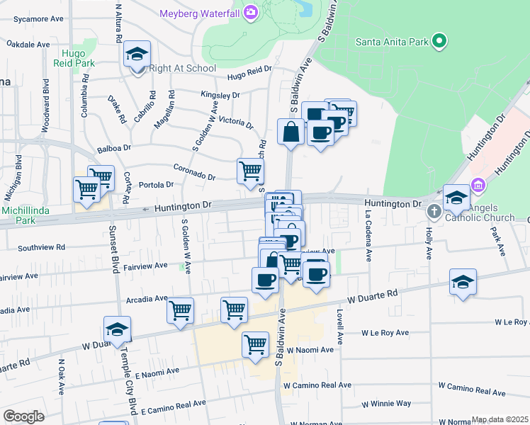 map of restaurants, bars, coffee shops, grocery stores, and more near 726 West Huntington Drive in Arcadia
