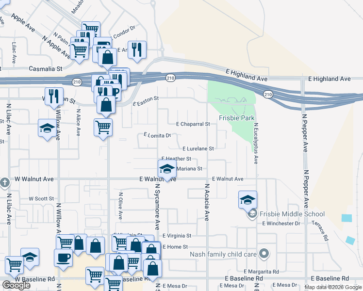 map of restaurants, bars, coffee shops, grocery stores, and more near 394 East Lurelane Street in Rialto