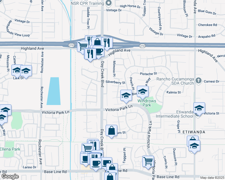 map of restaurants, bars, coffee shops, grocery stores, and more near 12254 Mint Court in Rancho Cucamonga