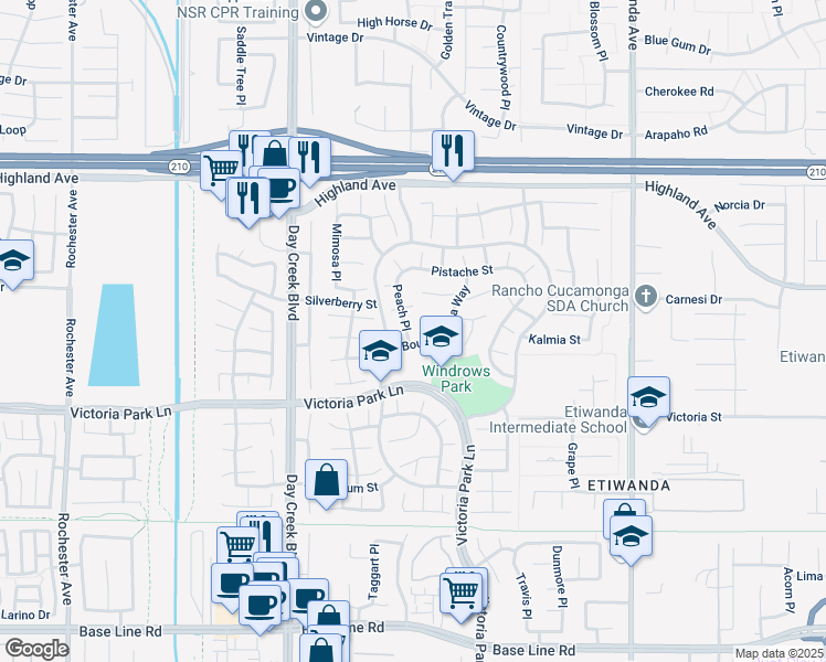map of restaurants, bars, coffee shops, grocery stores, and more near 12455 Foxglove Court in Rancho Cucamonga