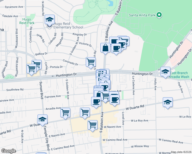 map of restaurants, bars, coffee shops, grocery stores, and more near 726 West Huntington Drive in Arcadia