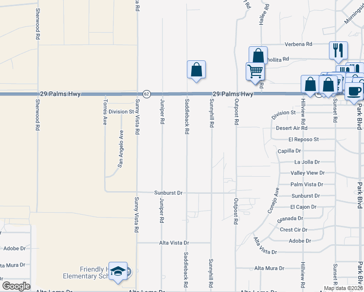 map of restaurants, bars, coffee shops, grocery stores, and more near 6690 Saddleback Road in Joshua Tree