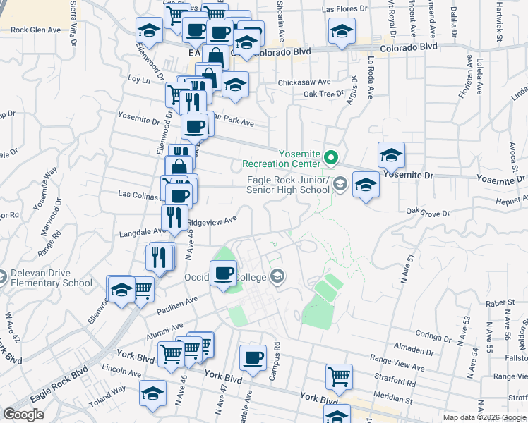 map of restaurants, bars, coffee shops, grocery stores, and more near 2033 Ridgeview Avenue in Los Angeles