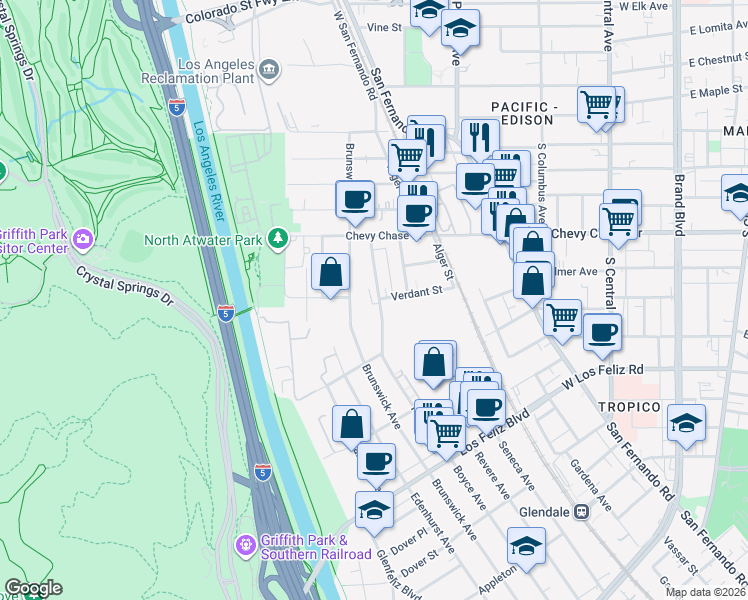 map of restaurants, bars, coffee shops, grocery stores, and more near in Los Angeles