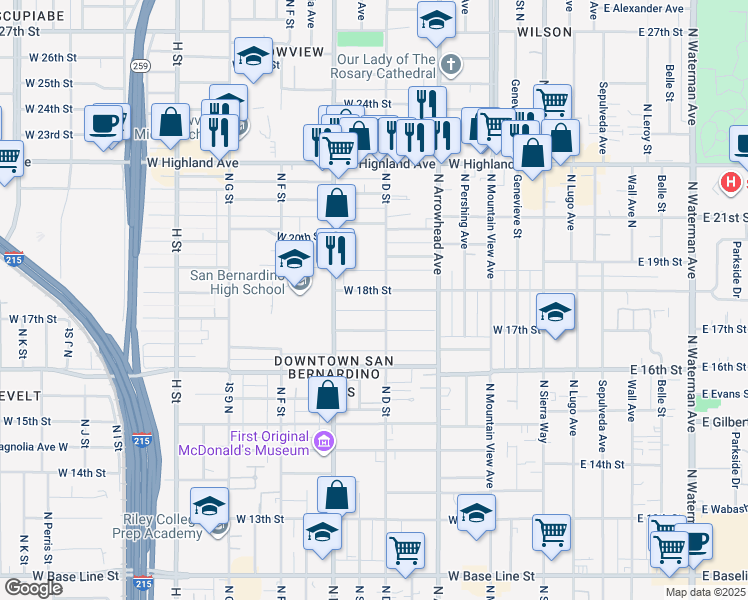map of restaurants, bars, coffee shops, grocery stores, and more near 423 West 18th Street in San Bernardino
