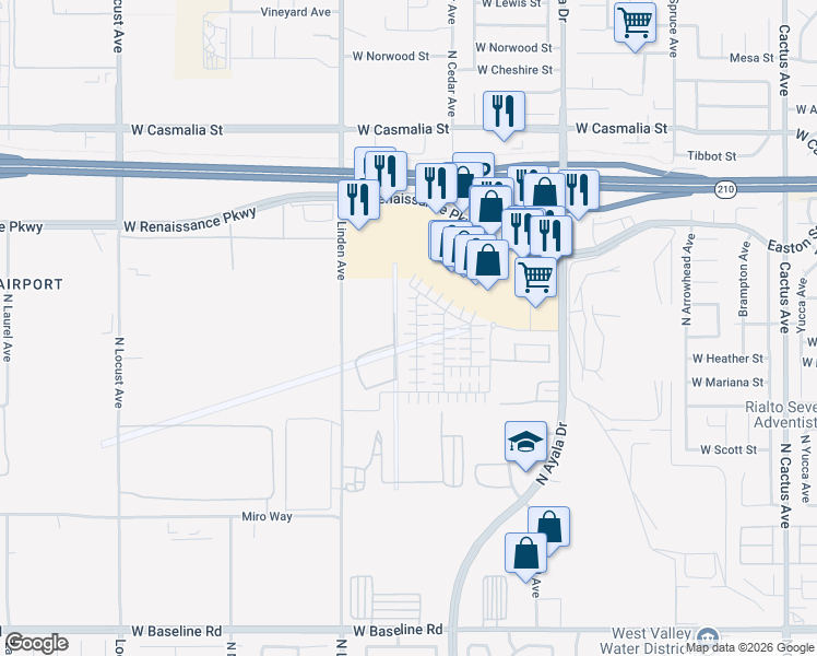 map of restaurants, bars, coffee shops, grocery stores, and more near 1734 Eagle Road in Rialto