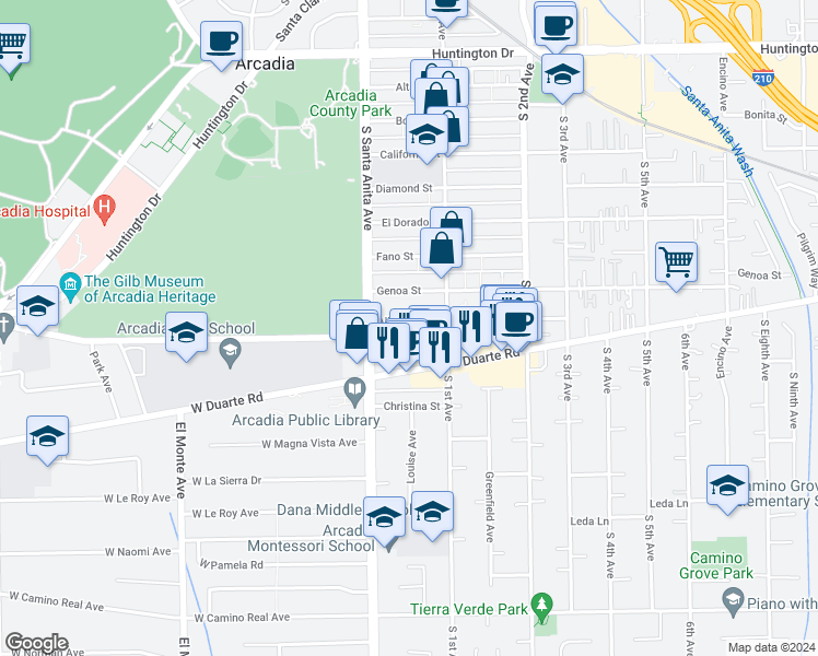 map of restaurants, bars, coffee shops, grocery stores, and more near 50 Alice Street in Arcadia