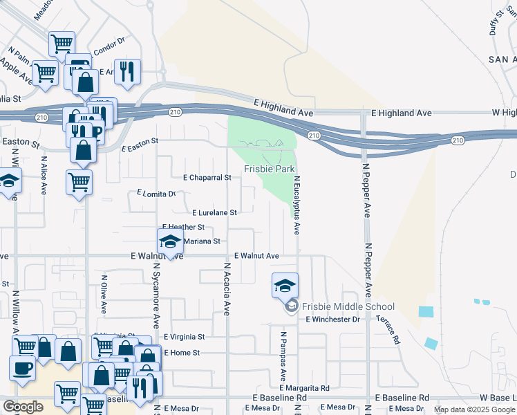 map of restaurants, bars, coffee shops, grocery stores, and more near 578 E Lurelane St in Rialto