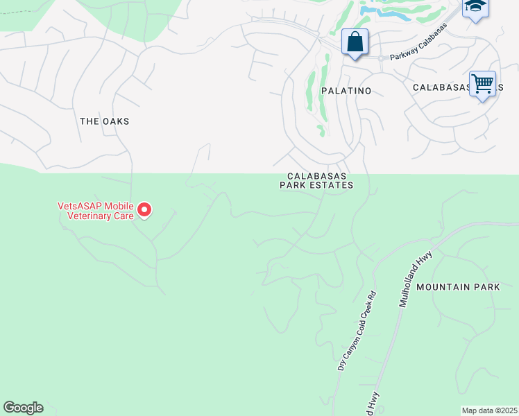 map of restaurants, bars, coffee shops, grocery stores, and more near 24981 Normans Way in Calabasas